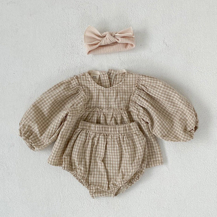 Girl's Suit Western Style Plaid Puff Sleeve Doll Top With Fart Pants Suit - Cindi Book
