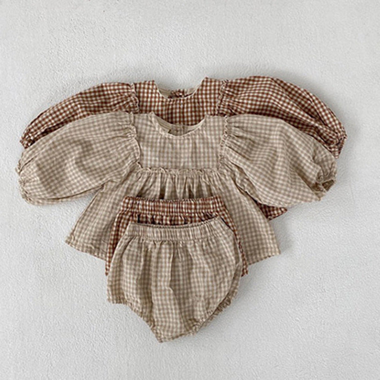 Girl's Suit Western Style Plaid Puff Sleeve Doll Top With Fart Pants Suit - Cindi Book