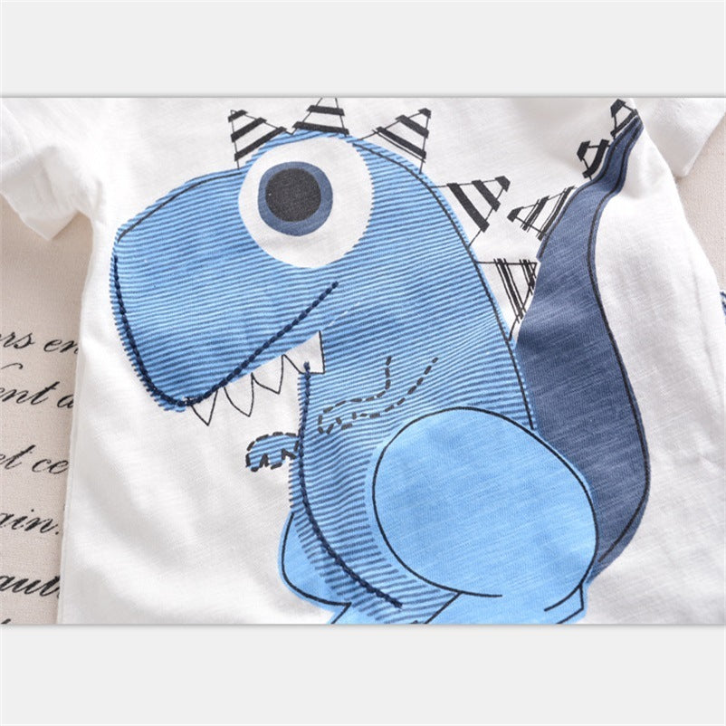 Boy Cartoon Dinosaur Short Sleeve Stripe Shorts Set - Cindi Book