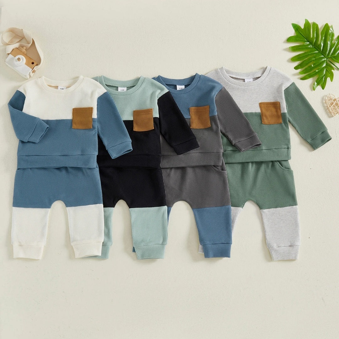 Boys Waffle Color Matching Pocket Two-Piece Set