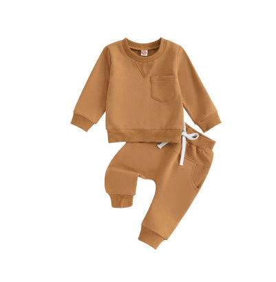 Solid Color Boy Letter Printed Round Neck Long Sleeve Trousers Set