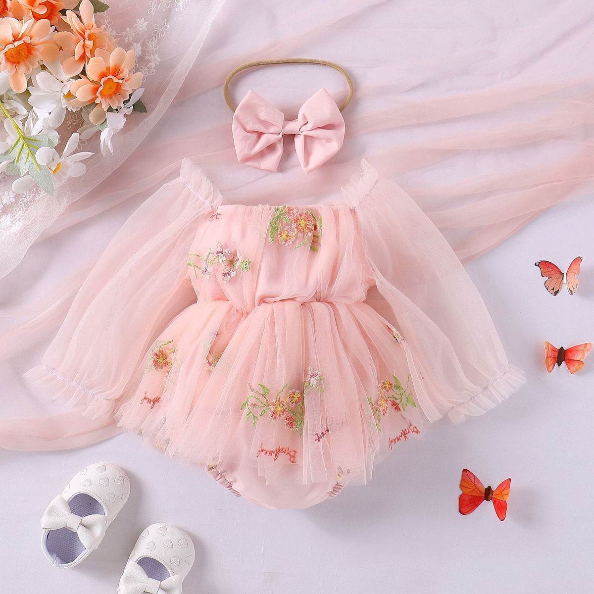 Baby Girl Jumpsuit Infant Long Sleeve Mesh Flower Embroidered Skirt Bottom-covering Rompers - Cindi Book