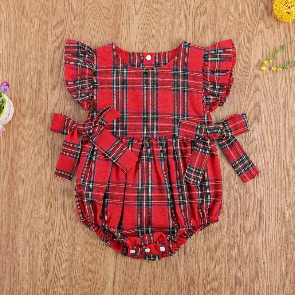Infant Toddler Summer Stripes Flounced Sleeve Dress Girls' Christmas Plaid Romper - Cindi Book
