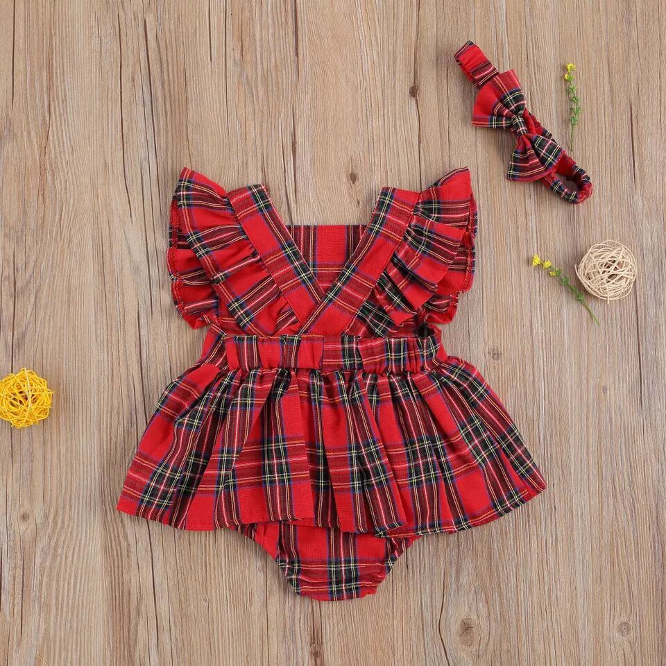 Infant Toddler Summer Stripes Flounced Sleeve Dress Girls' Christmas Plaid Romper - Cindi Book
