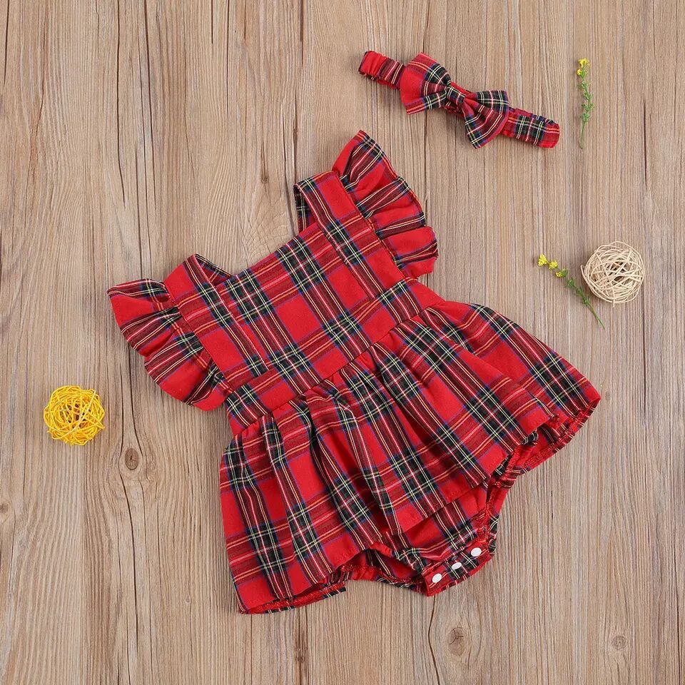 Infant Toddler Summer Stripes Flounced Sleeve Dress Girls' Christmas Plaid Romper - Cindi Book