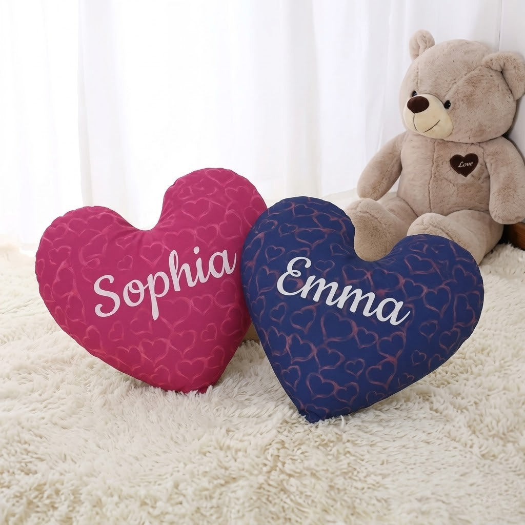 Personalized Heart Pillow with Name | Deep Magenta Pink or Navy Blue Velvet with Embossed Hearts | White Cursive Name | Custom Gift for Her