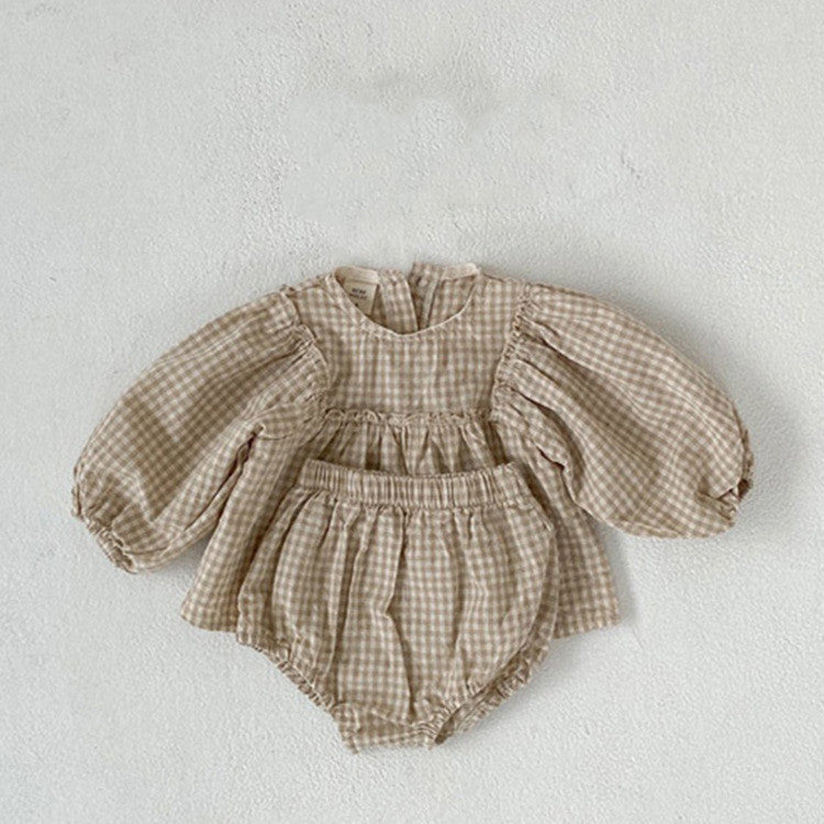 Girl's Suit Western Style Plaid Puff Sleeve Doll Top With Fart Pants Suit - Cindi Book