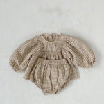Girl's Suit Western Style Plaid Puff Sleeve Doll Top With Fart Pants Suit - Cindi Book