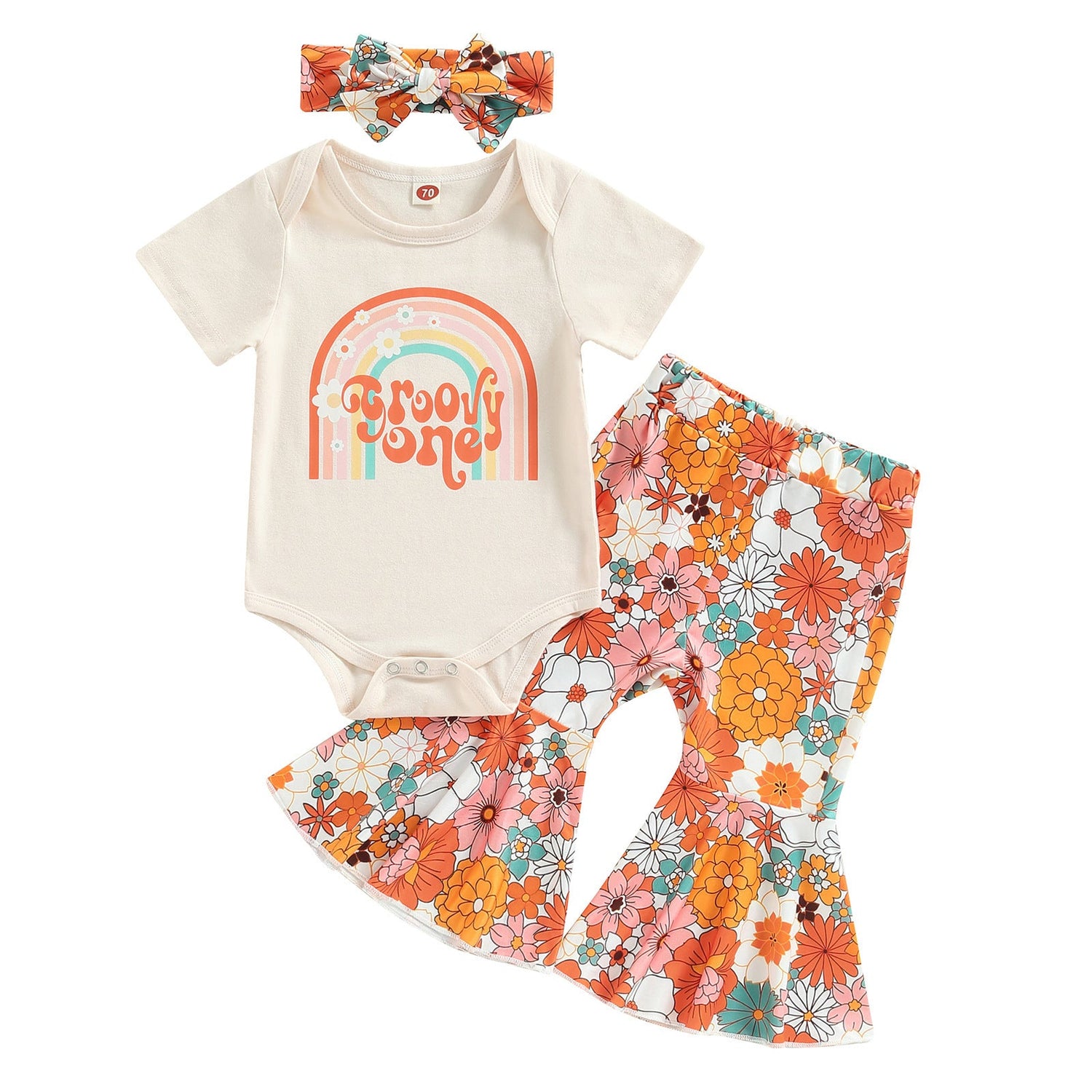 Girls Rainbow Flower Romper Bell-Bottom Pants Headscarf Three-Piece Set