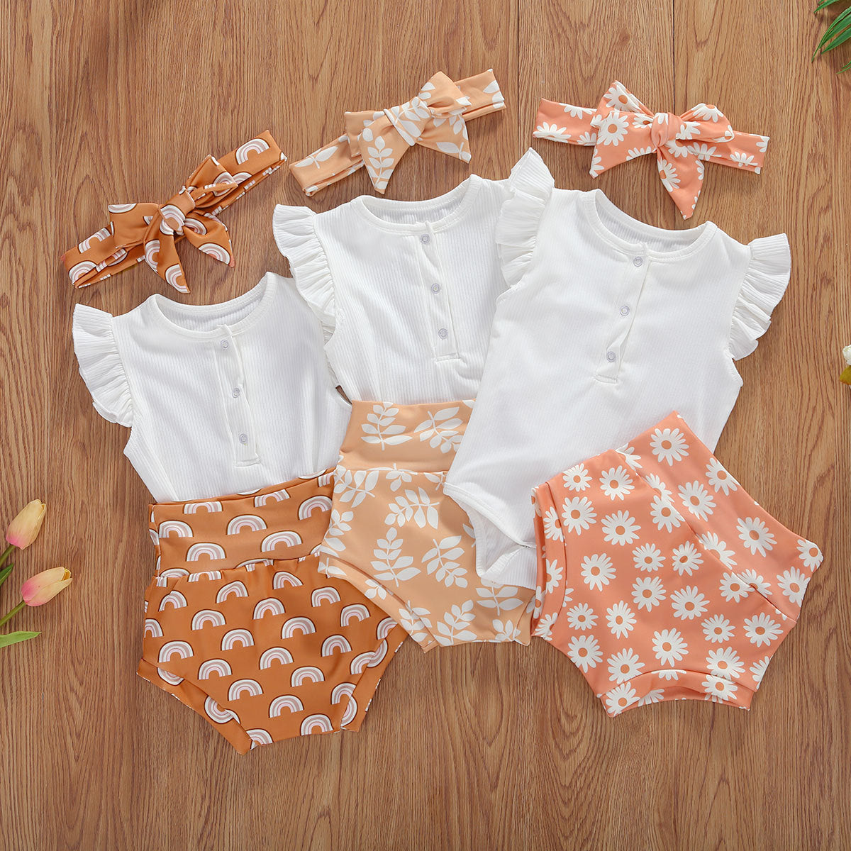 Infant And Toddler Suits Baby Girl Dark Button White Top  Printed Shorts Suit Thre-piece Set - Cindi Book