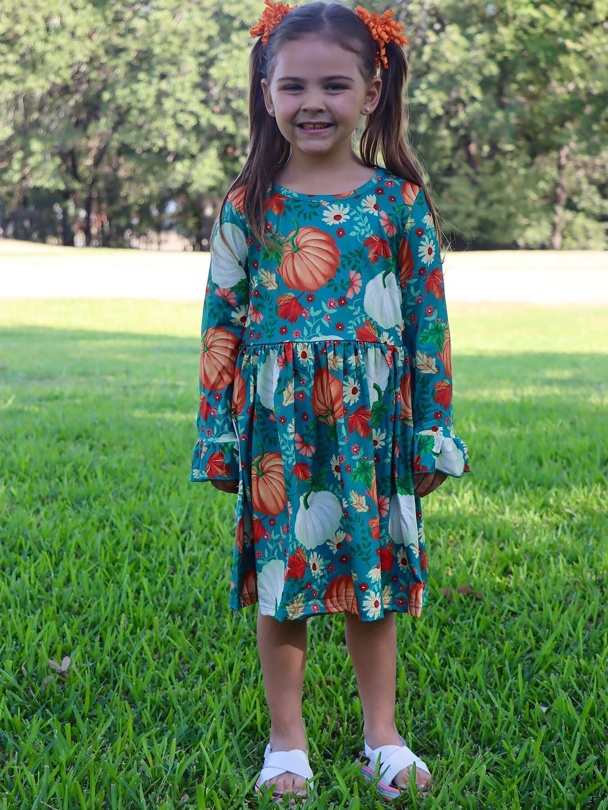 Rylee Faith Designs - Thanksgiving Day Fall Girls Set Of 2 Pcs In One Package Pumpkin Print Dress - alternate view 2
