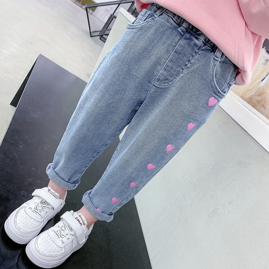 Girls Casual Thin Love Stretch Jeans