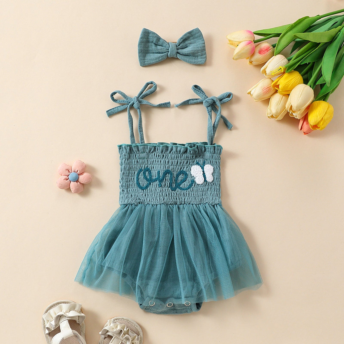 Towel Embroidery Mesh Slip Dress Bowknot Headband Two-piece Set - Cindi Book