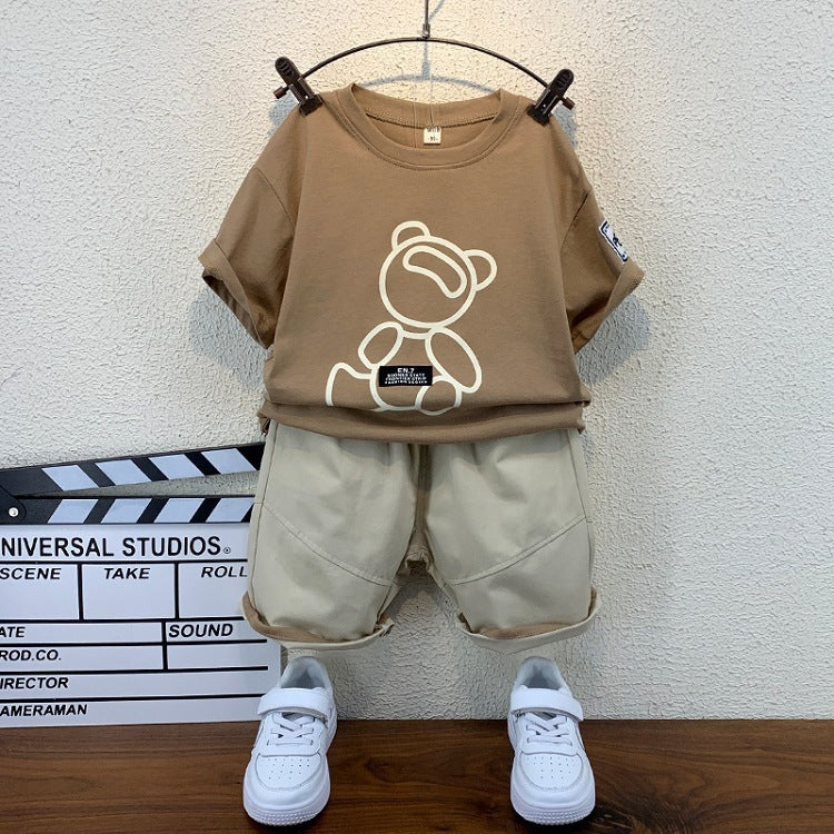 Boys And Girls Solid Color Bear Print Armband T-shirt Short Sleeve Two-piece Set - Cindi Book