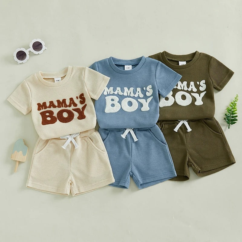 Waffle Towel Embroidery Short Sleeve Shorts Set
