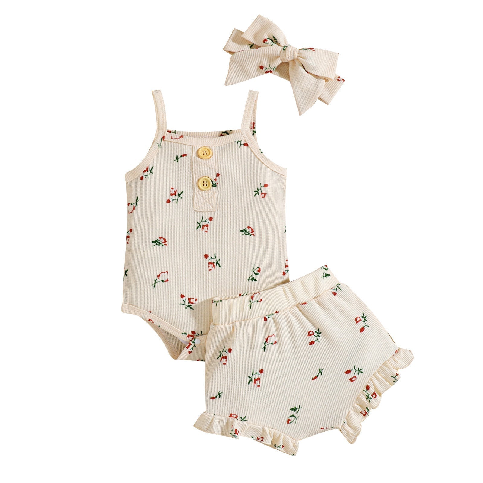 Infant Set Waffle Floral Print Suspenders Three Piece Set - Cindi Book