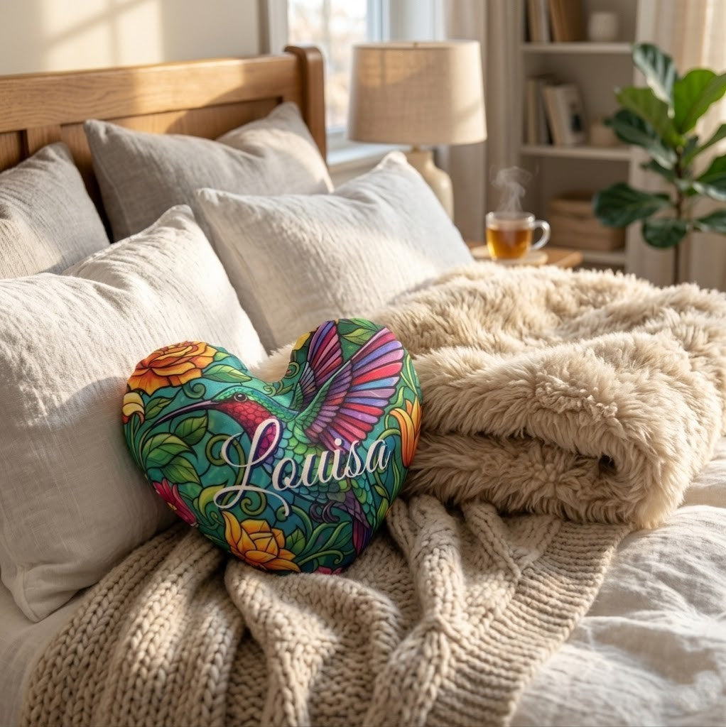 Personalized Hummingbird Heart Pillow with Name | Stained Glass Rainbow Wings, Golden Roses, Emerald Vines | Custom Gift for Hummingbird Lovers