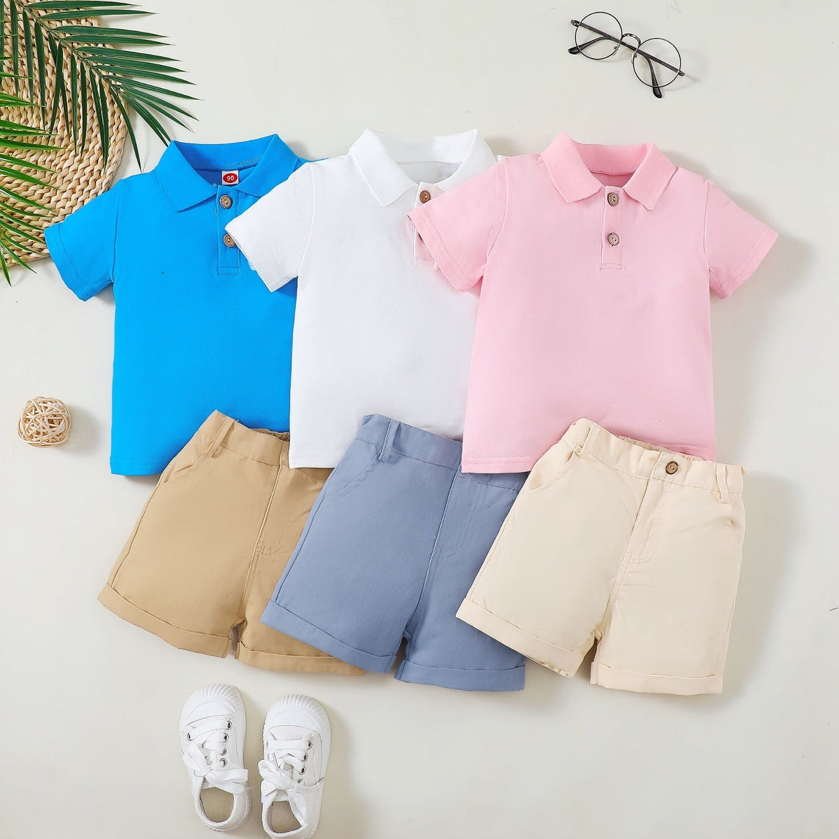 Boy's Polo Shirt Zipper Bar-tack Solid Color Shorts - Cindi Book