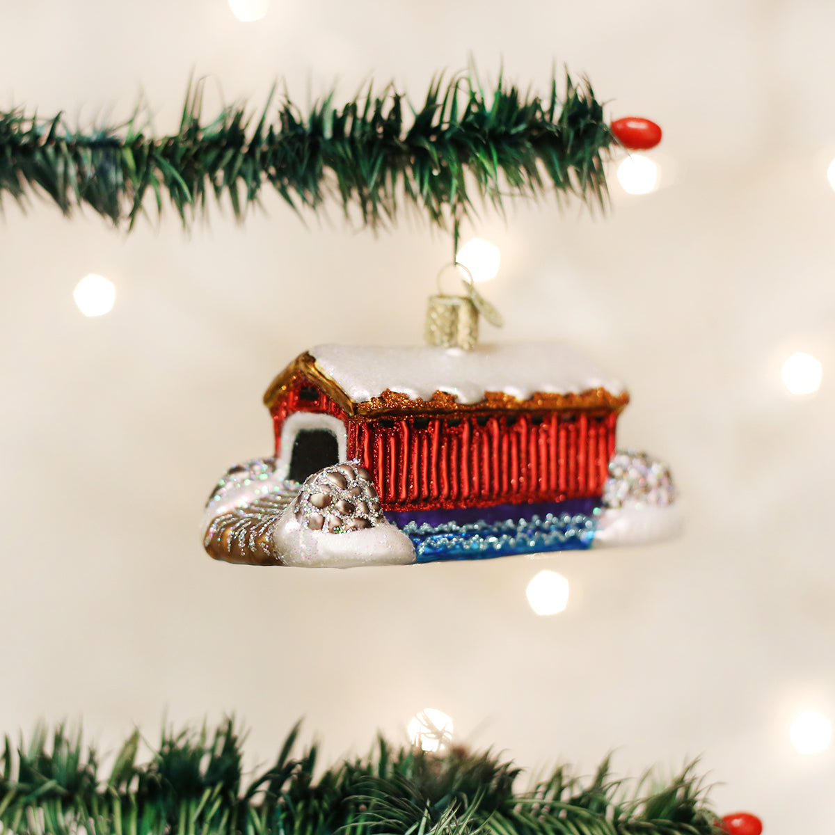 Old World Christmas Covered Bridge Ornament - hand-blown glass Christmas tree ornament