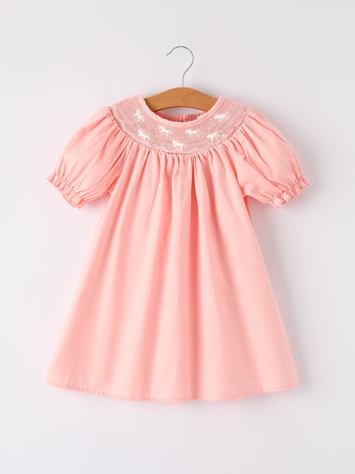 Rylee Faith Designs - Girls Horse Smocking Embroidered Coral Dress