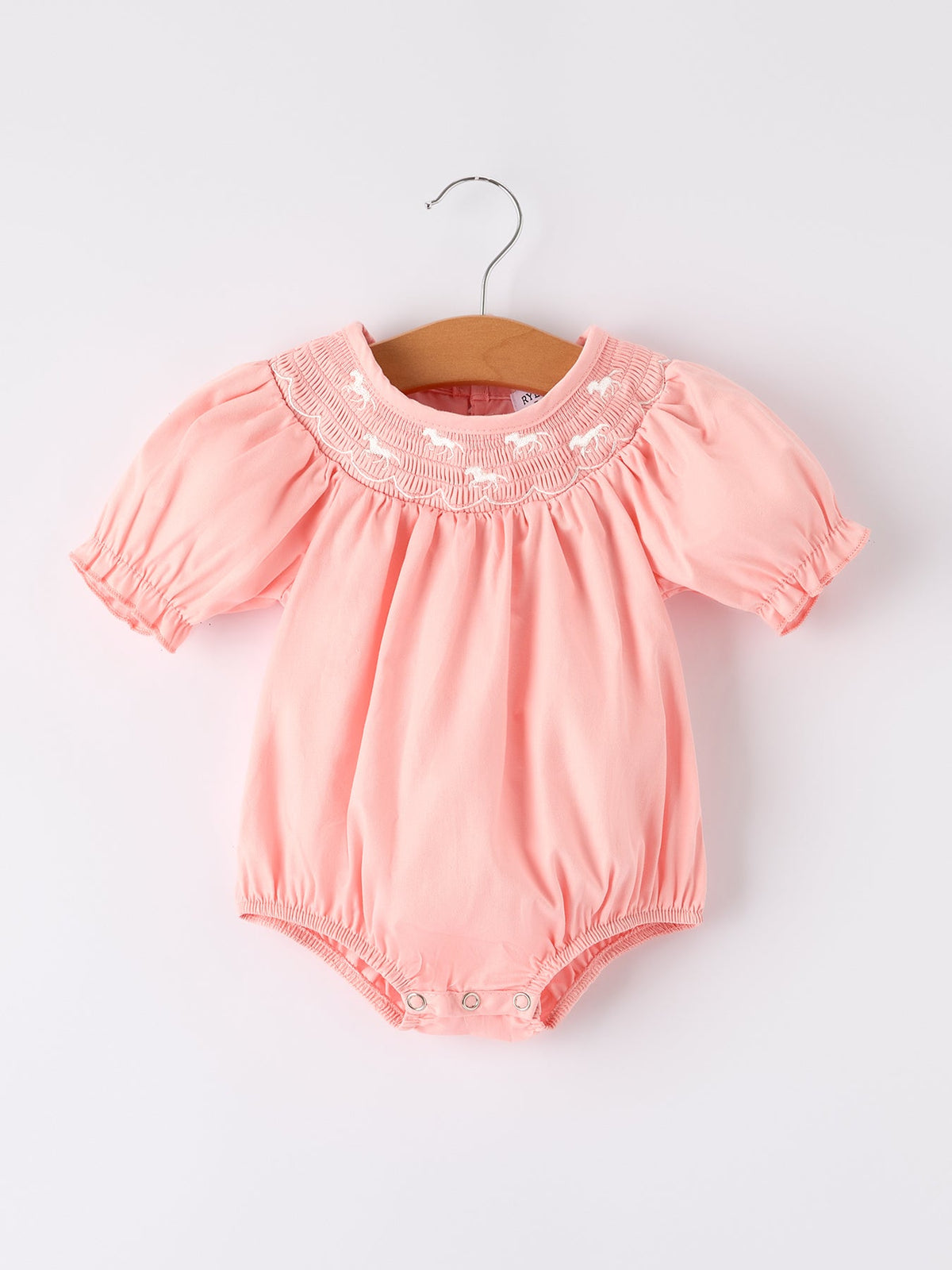 Rylee Faith Designs - Girls Horse Smocking Embroidered Coral Romper