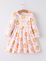 Rylee Faith Designs - Fall Halloween & Thanksgiving Pumpkin Bow Print Long Sleeve Dress - alternate view 6