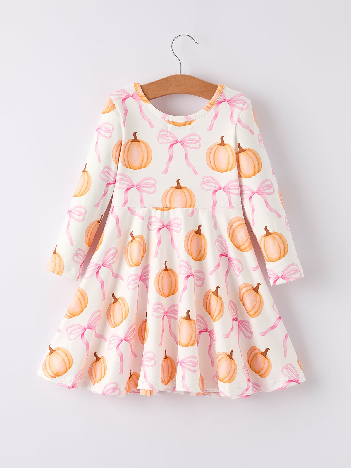 Rylee Faith Designs - Fall Halloween & Thanksgiving Pumpkin Bow Print Long Sleeve Dress - alternate view 7