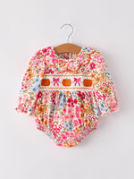 Rylee Faith Designs - Fall Halloween & Thanksgiving Pumpkin Bow Smock Embroidered Floral Baby Girl Romper - alternate view 6