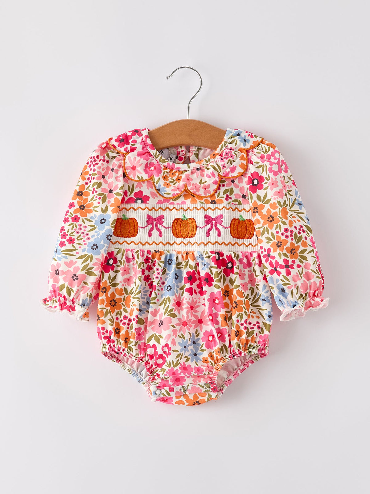 Rylee Faith Designs - Fall Halloween & Thanksgiving Pumpkin Bow Smock Embroidered Floral Baby Girl Romper - alternate view 6