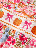 Rylee Faith Designs - Fall Halloween & Thanksgiving Pumpkin Bow Smock Embroidered Floral Baby Girl Romper - alternate view 8