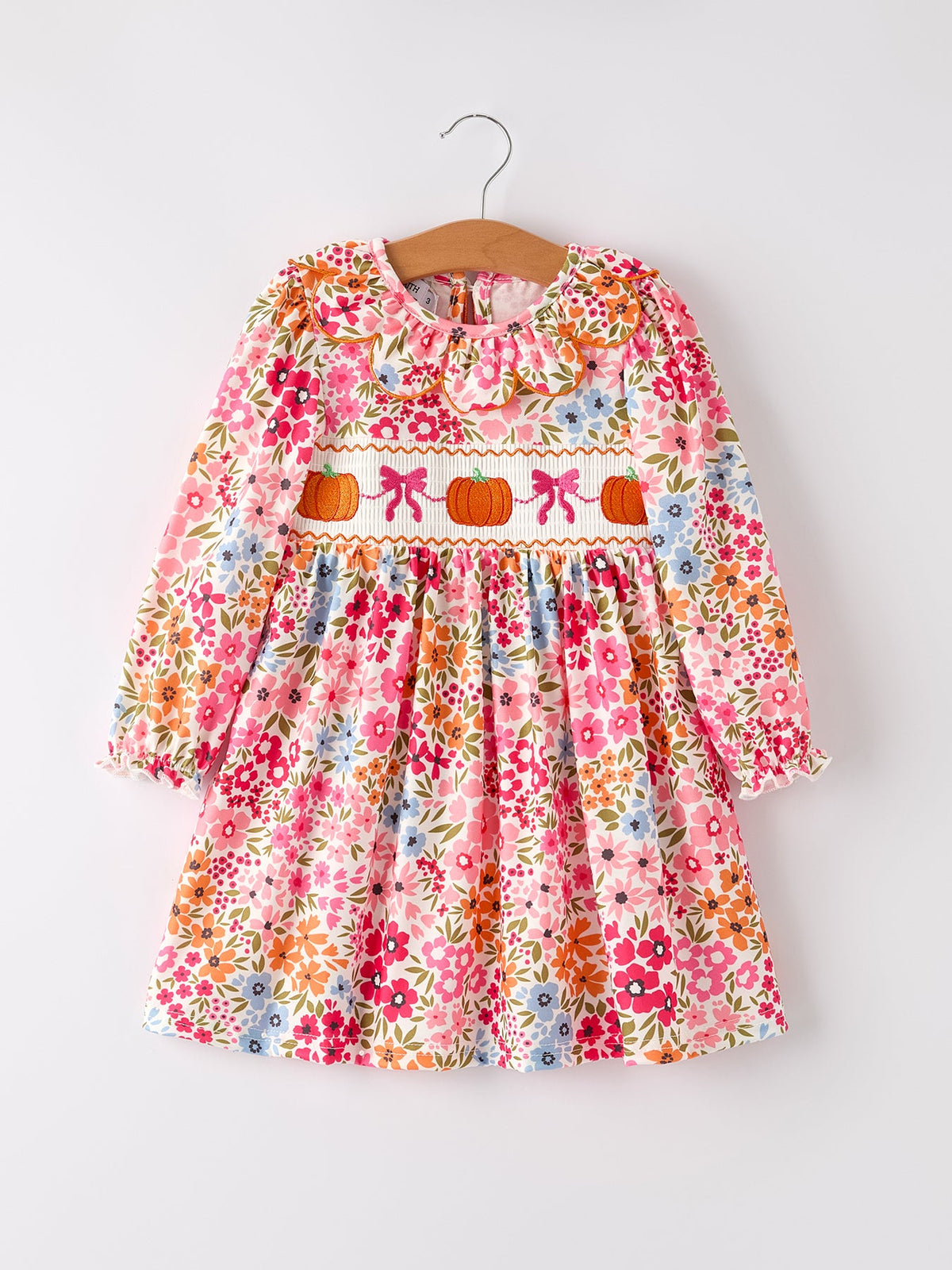 Rylee Faith Designs - Fall Halloween & Thanksgiving Pumpkin Bow Smock Embroidered Floral Dress - alternate view 5
