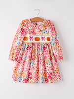 Rylee Faith Designs - Fall Halloween & Thanksgiving Pumpkin Bow Smock Embroidered Floral Dress - alternate view 5