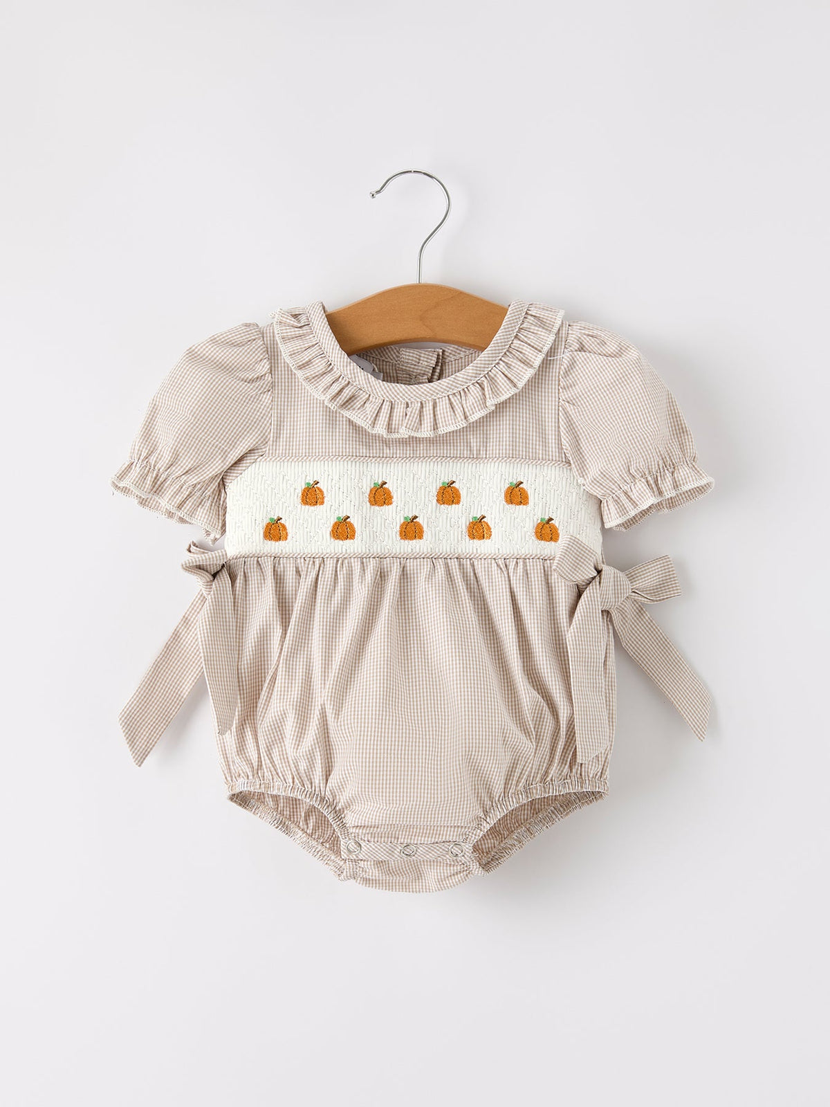 Rylee Faith Designs - Fall Halloween & Thanksgiving Pumpkin Embroidery Smock Plaid Baby Girl Romper - alternate view 6