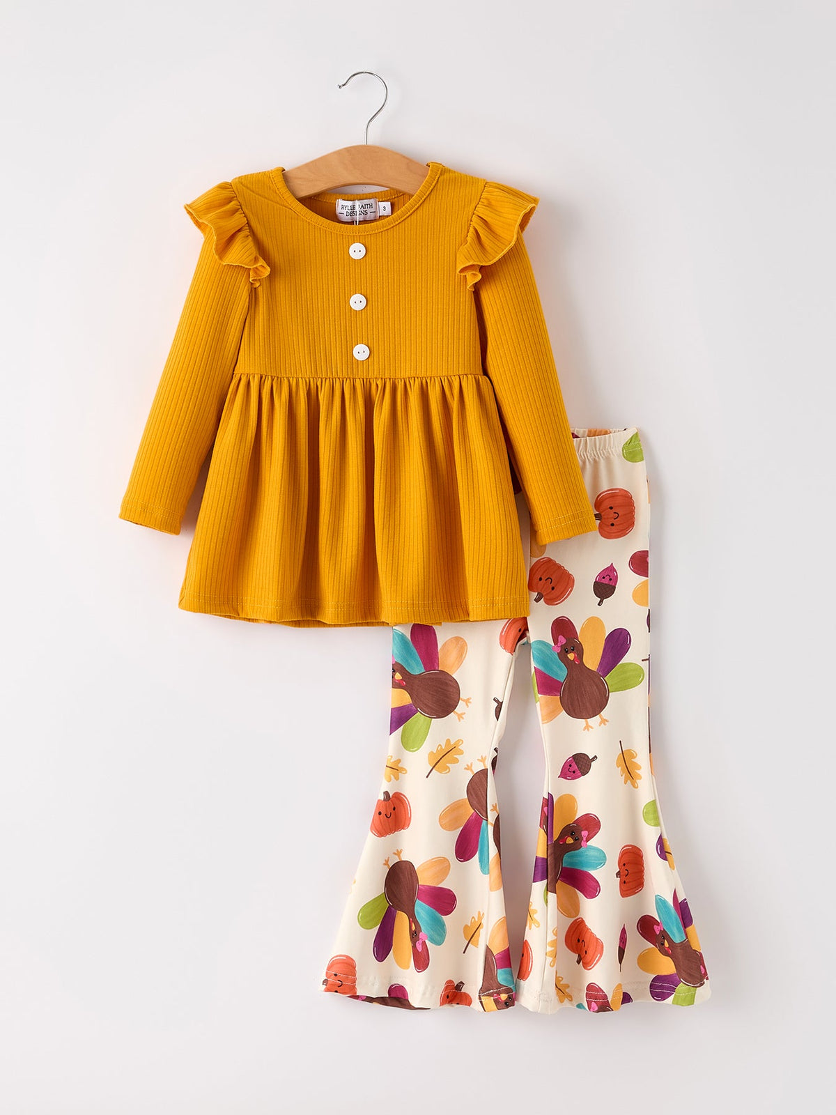 Rylee Faith Designs - Fall Halloween & Thanksgiving Pumpkin Turkey Print Girls Long Sleeve Set - alternate view 6
