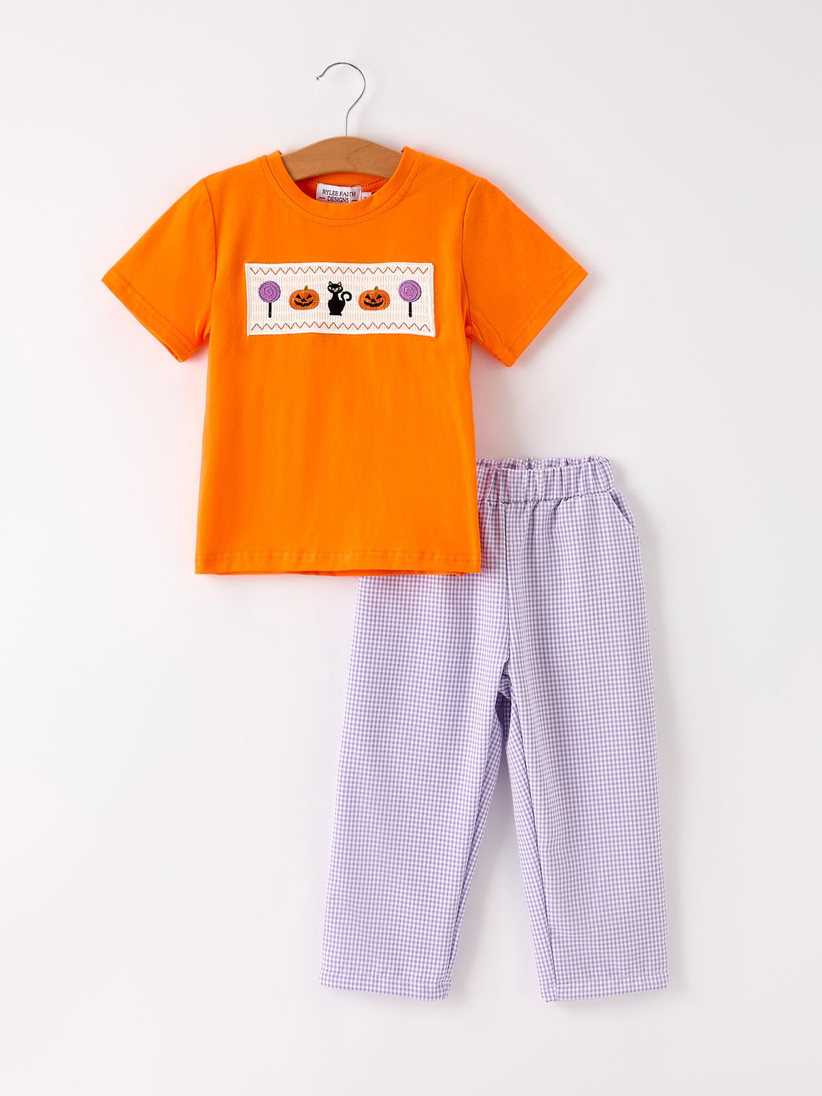 Rylee Faith Designs - Fall Halloween Purple Balloon Pumpkin Cat Smock Embroidery Boy Set