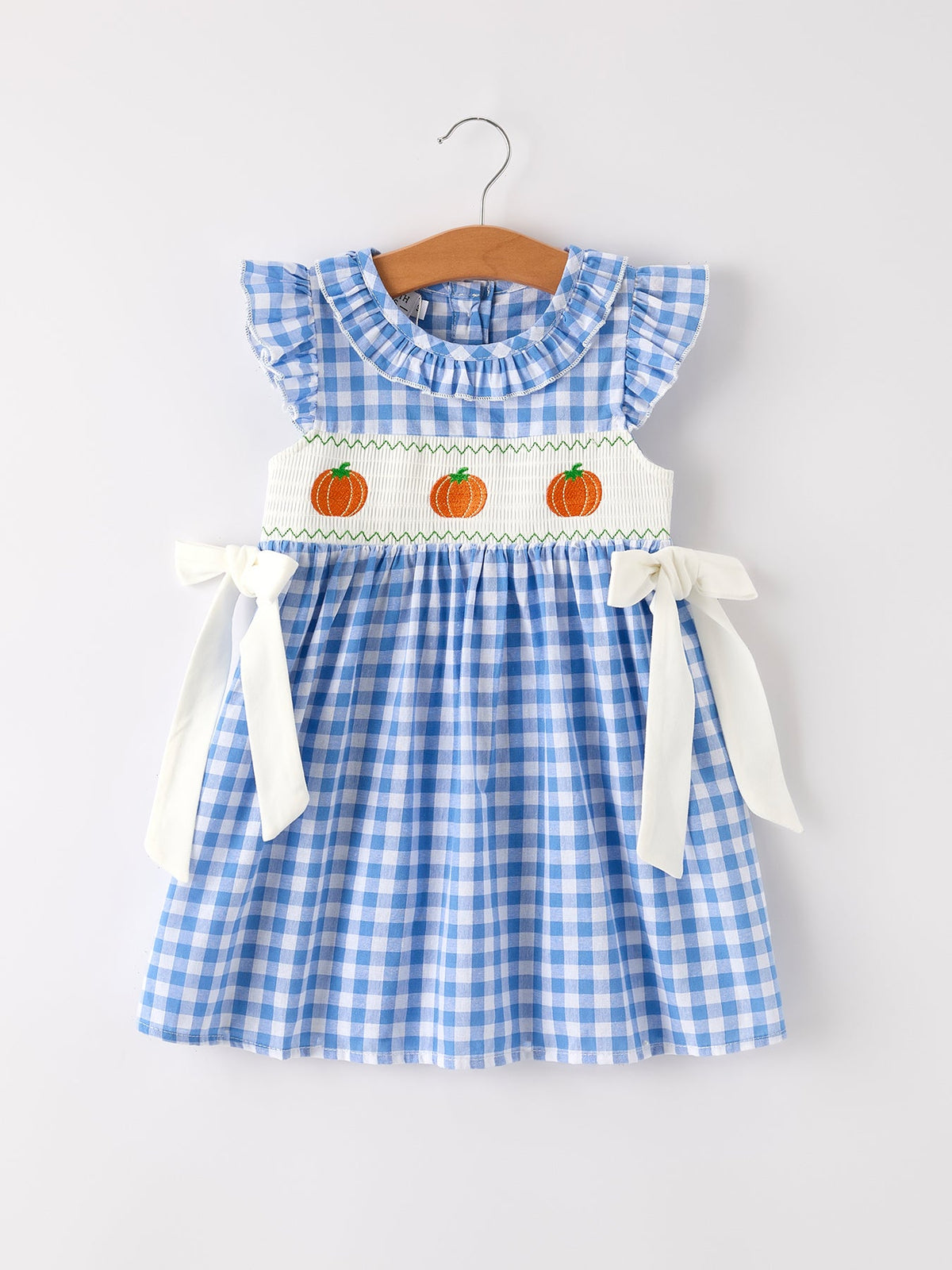 Rylee Faith Designs - Fall Thanksgiving& Halloween Blue Pumpkin Smock Embroidery Baby Girl Dress - alternate view 7