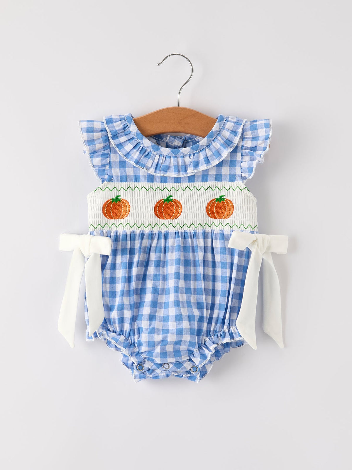 Rylee Faith Designs - Fall Thanksgiving& Halloween Blue Pumpkin Smock Embroidery Baby Girl Romper - alternate view 6