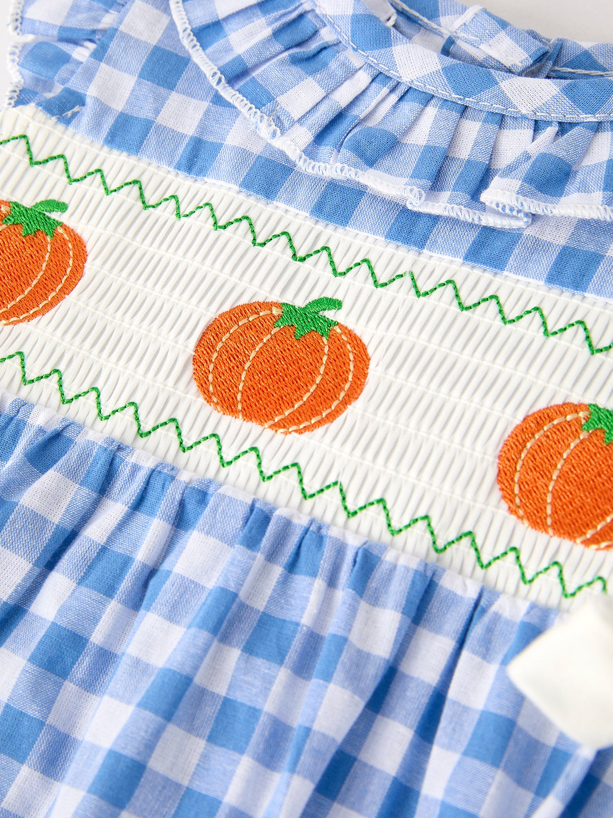 Rylee Faith Designs - Fall Thanksgiving& Halloween Blue Pumpkin Smock Embroidery Baby Girl Romper - alternate view 8
