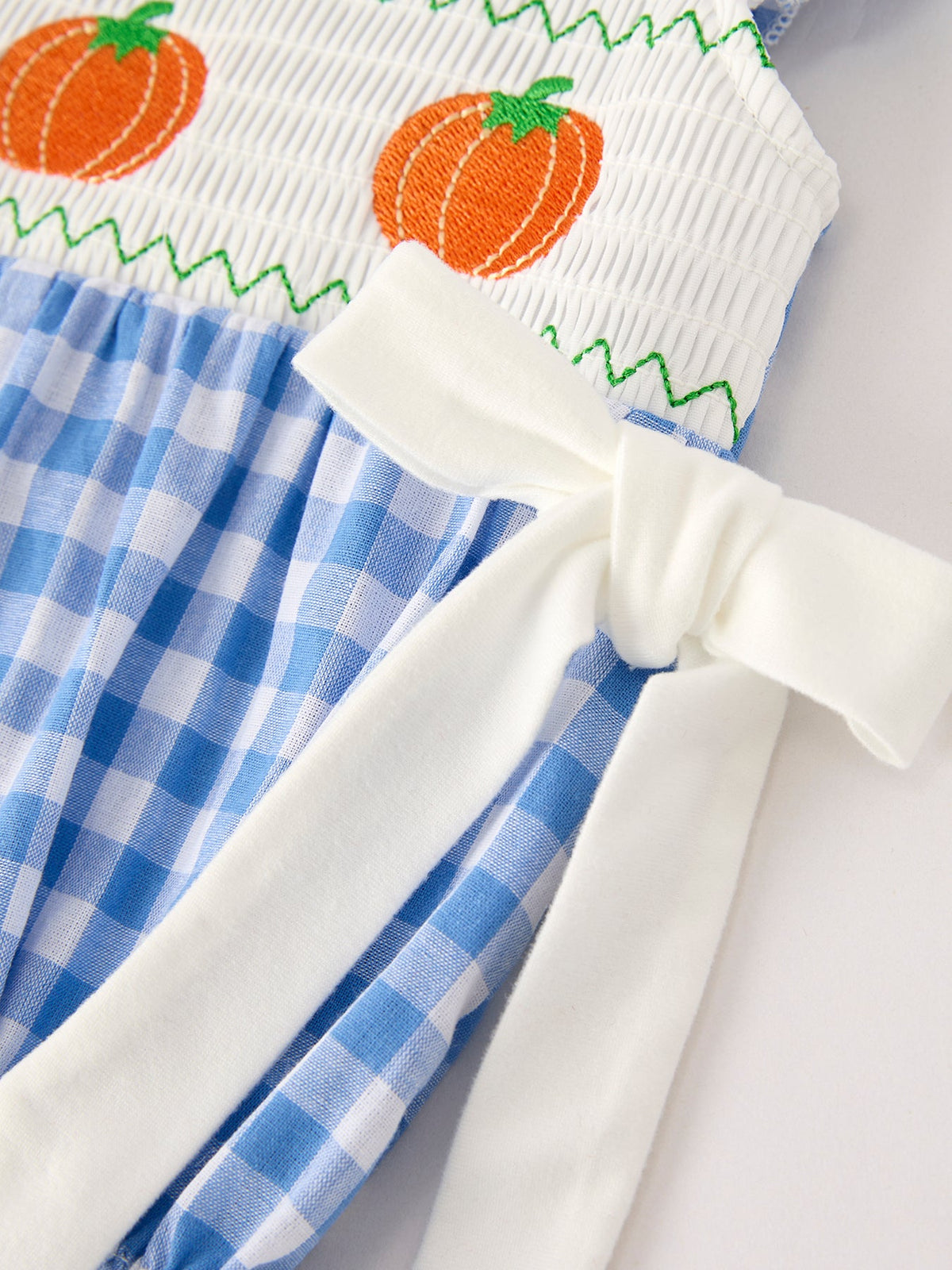 Rylee Faith Designs - Fall Thanksgiving& Halloween Blue Pumpkin Smock Embroidery Baby Girl Romper - alternate view 9