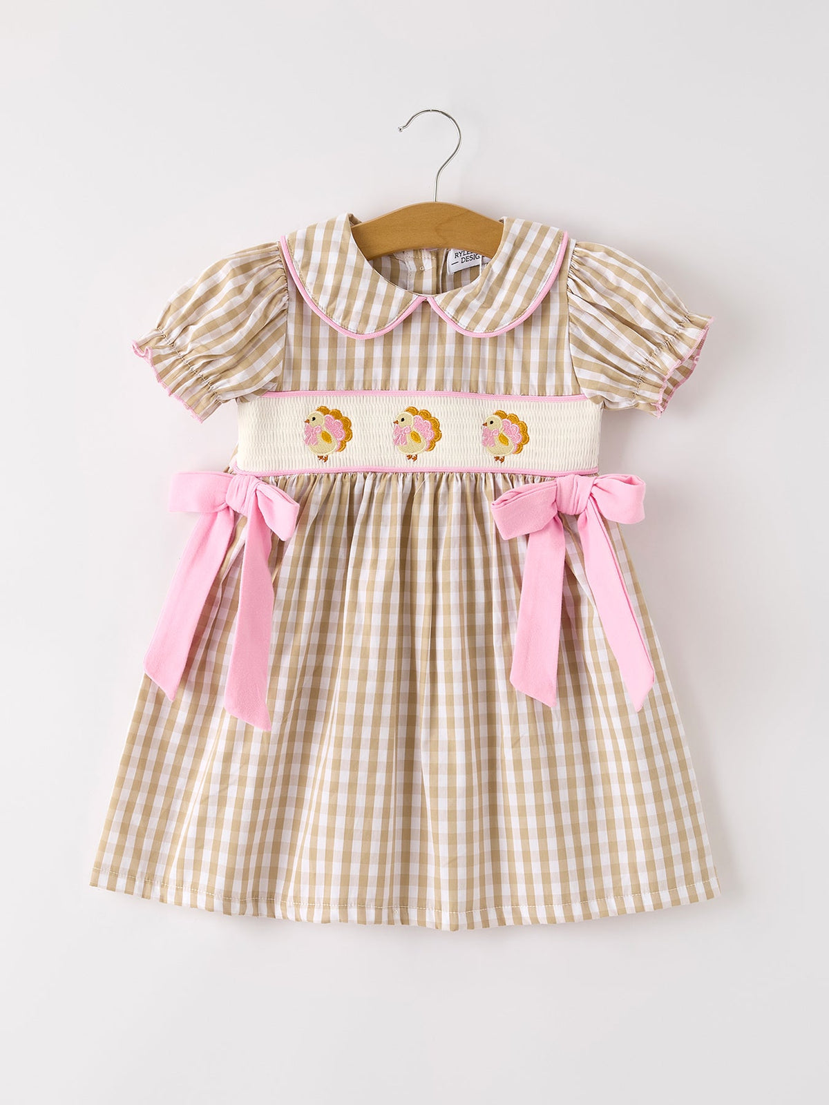 Rylee Faith Designs - Fall Thanksgiving Lapel Plaid Chick Embroidery Smocking Bow Baby Girls Dress - alternate view 7