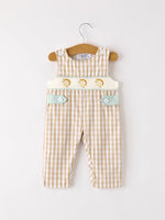 Rylee Faith Designs - Fall Thanksgiving Apricot Plaid Chick Embroidery Smocking Baby Boys Romper