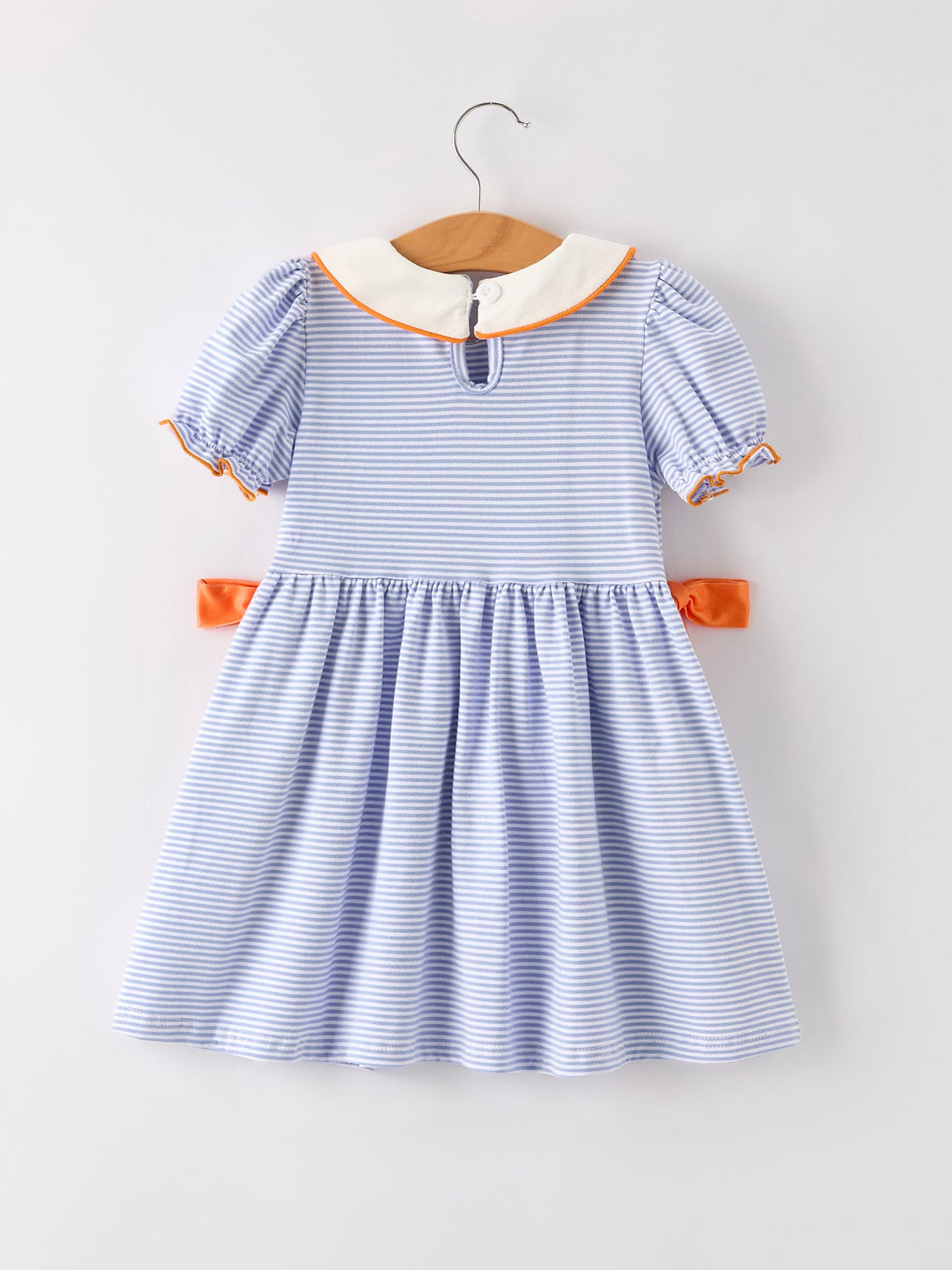 Rylee Faith Designs - Fall Thanksgiving and Halloween Lapel Stripe Pumpkin Applique Bow Girls Dress - alternate view 2