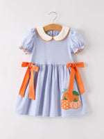 Rylee Faith Designs - Fall Thanksgiving and Halloween Lapel Stripe Pumpkin Applique Bow Girls Dress