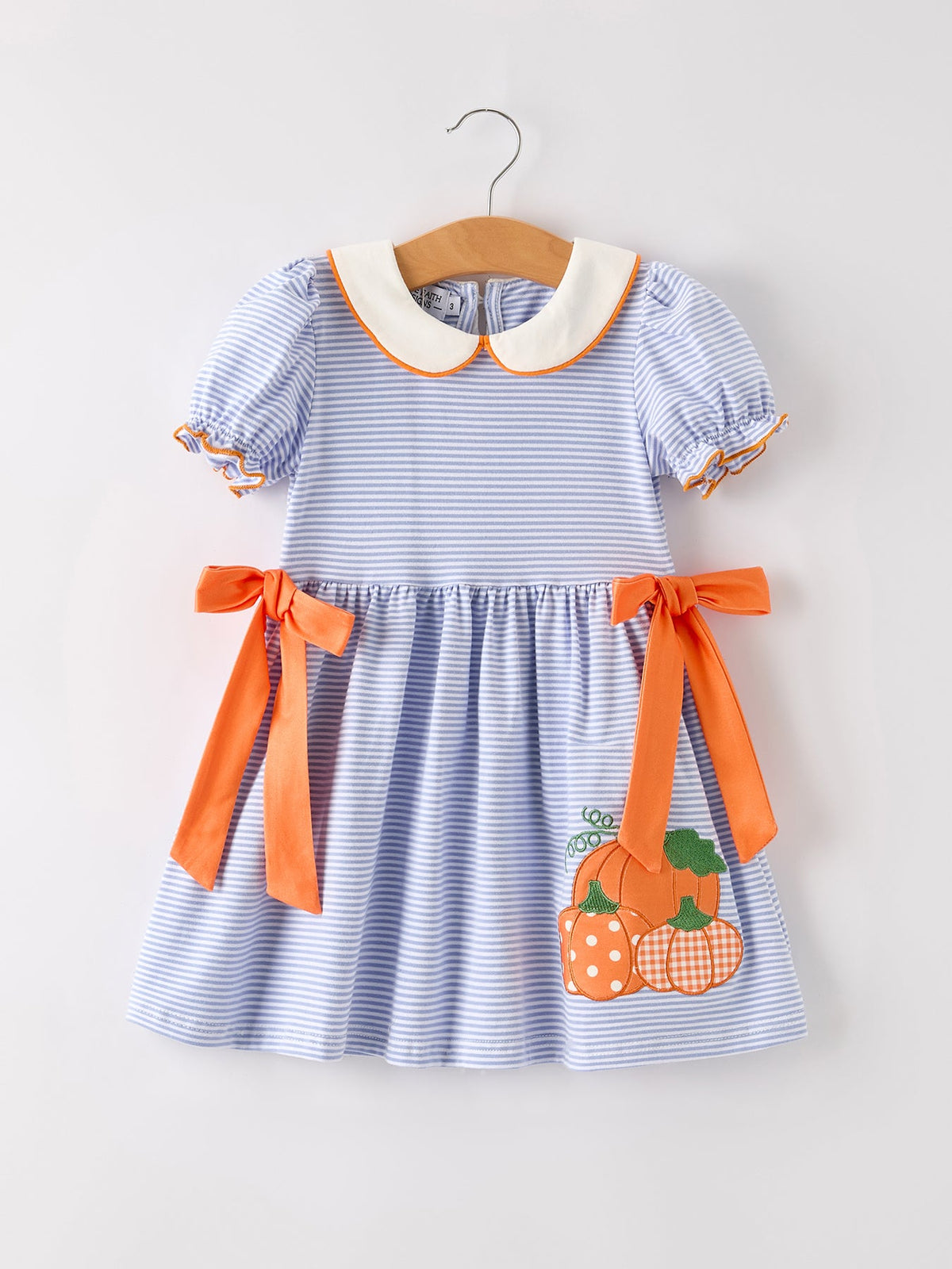 Rylee Faith Designs - Fall Thanksgiving and Halloween Lapel Stripe Pumpkin Applique Bow Girls Dress