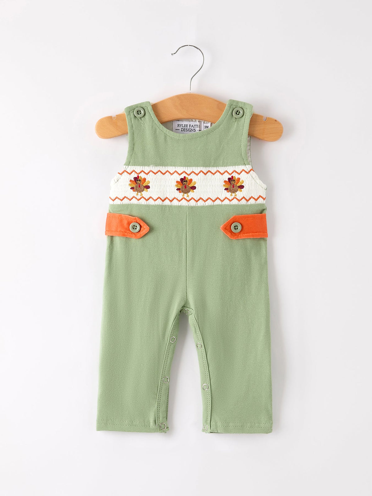 Rylee Faith Designs - Fall Thanksgiving Chicken Smock Embroidered Green Boys Romper - alternate view 5