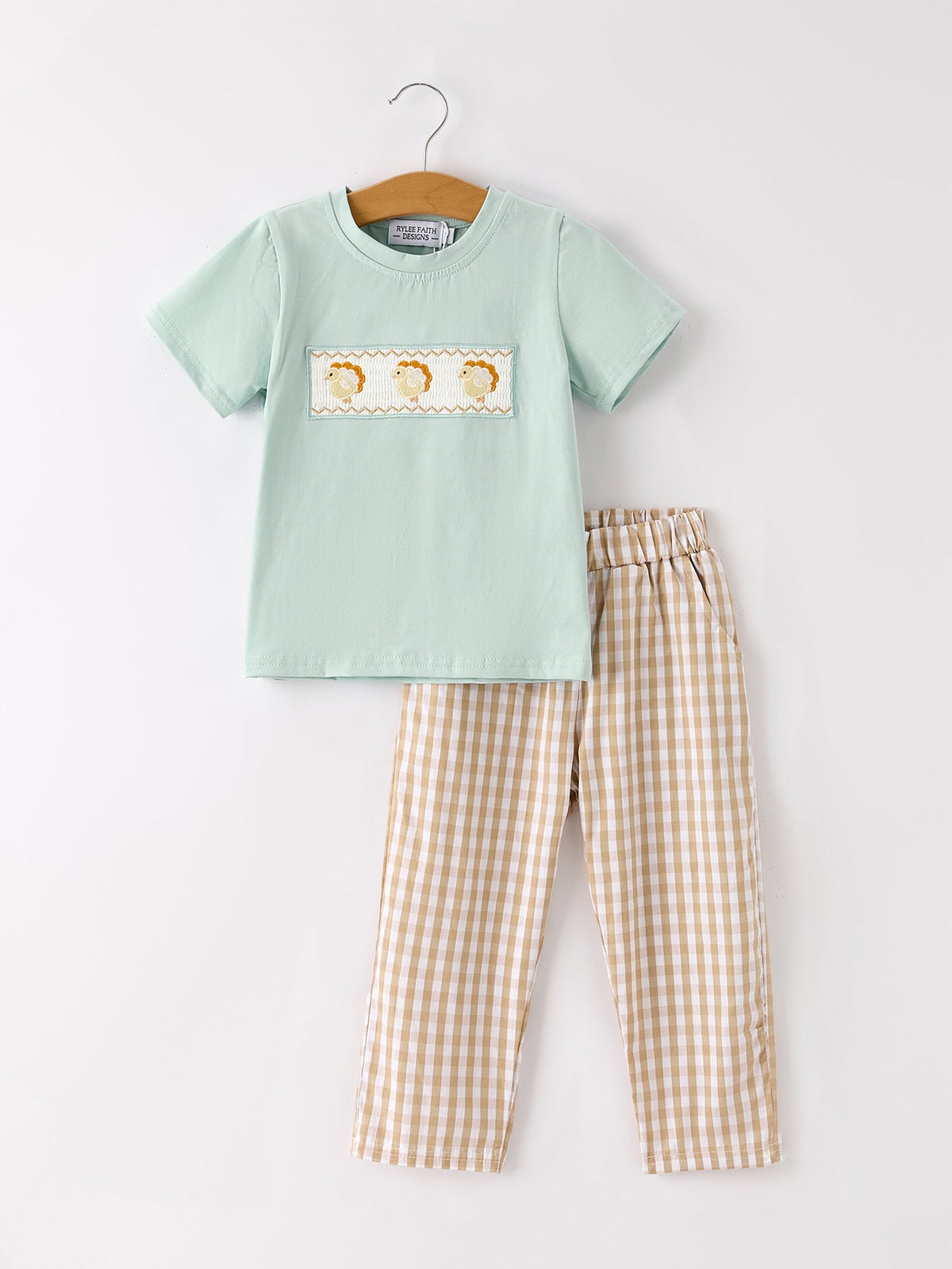 Rylee Faith Designs - Fall Thanksgiving Plaid Chick Embroidery Smocking Boys Set - alternate view 5