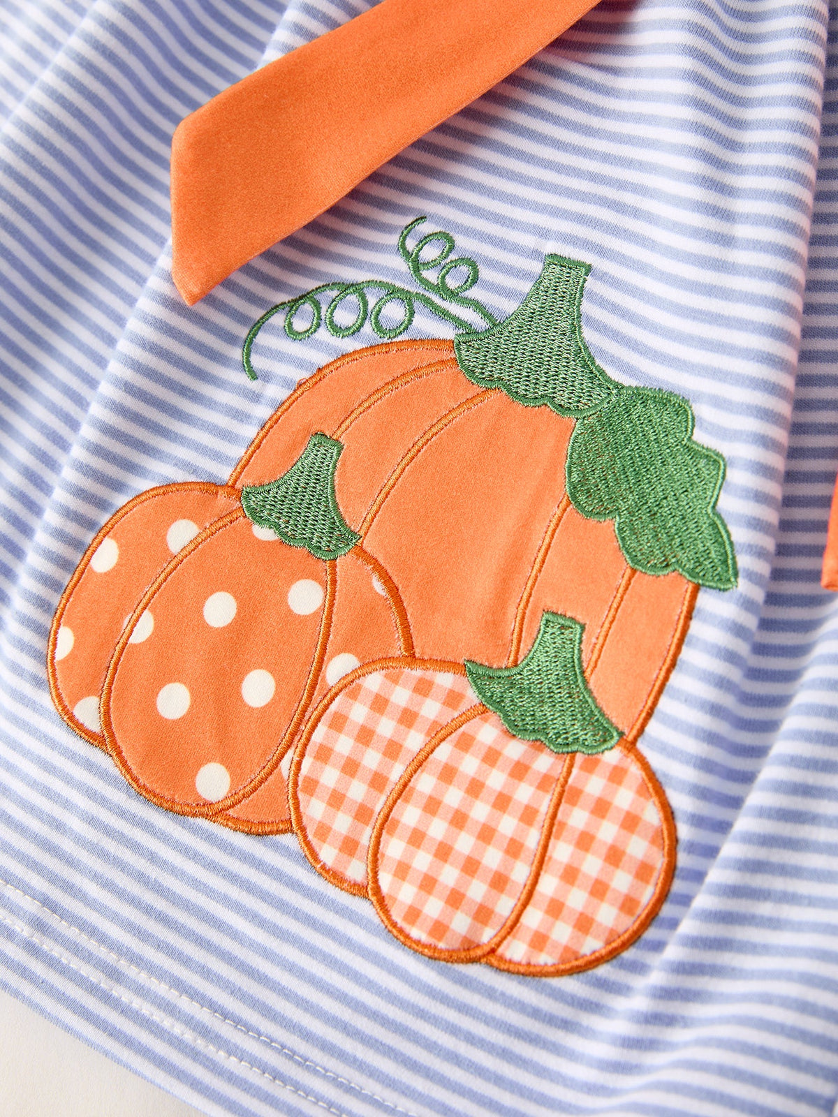 Rylee Faith Designs - Fall Thanksgiving and Halloween Lapel Stripe Pumpkin Applique Bow Girls Dress - alternate view 4