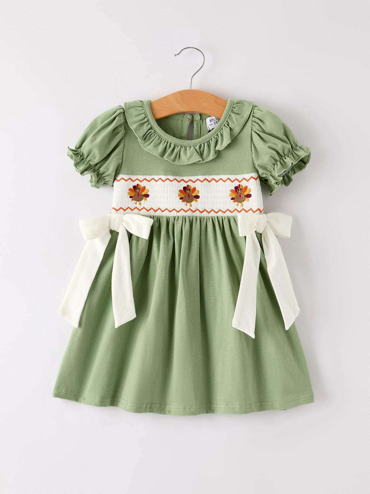 Rylee Faith Designs - Fall Thanksgiving Chicken Smock Embroidered Green Baby Girl Dress - alternate view 7