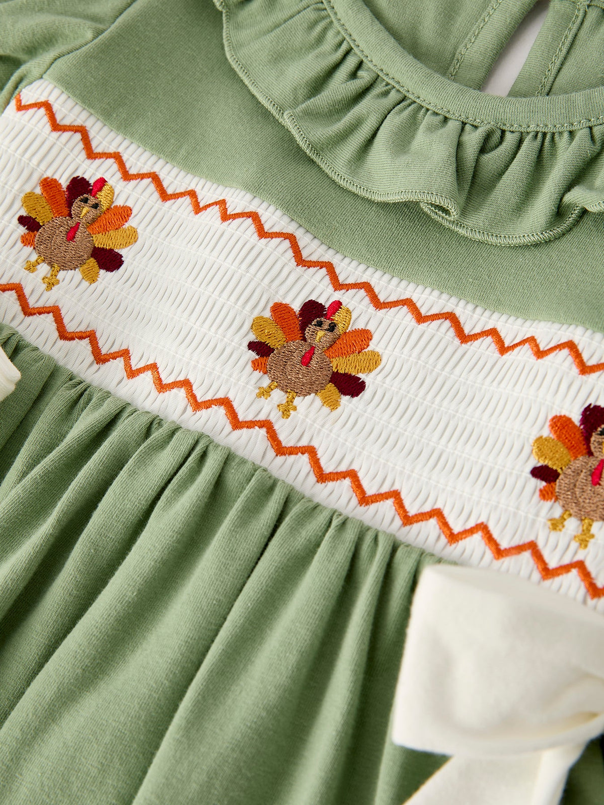 Rylee Faith Designs - Fall Thanksgiving Chicken Smock Embroidered Green Baby Girl Dress - alternate view 9