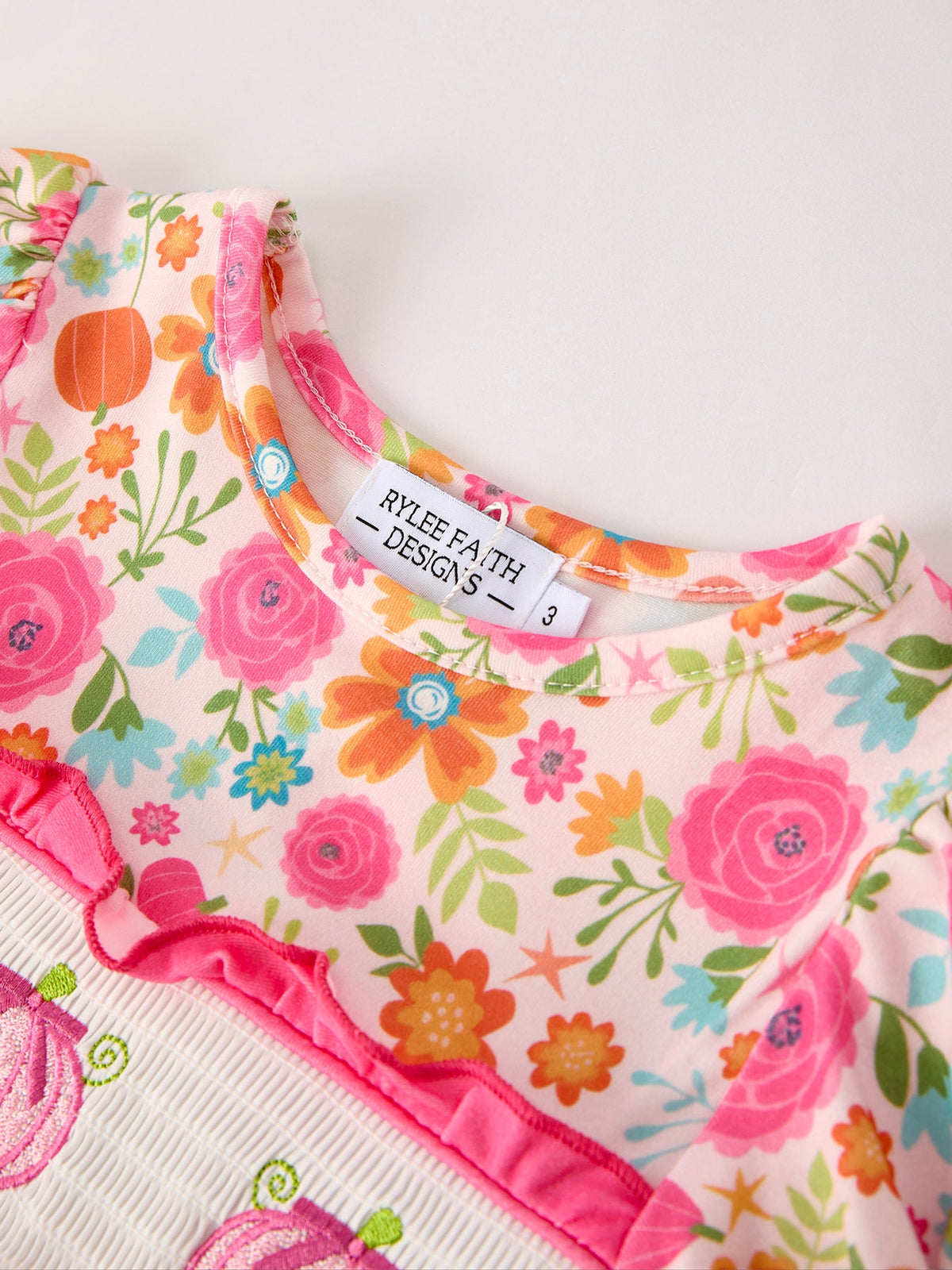 Rylee Faith Designs - Autumn Thanksgiving Pumpkin Embroidery Smock Floral Girls Dress - alternate view 3